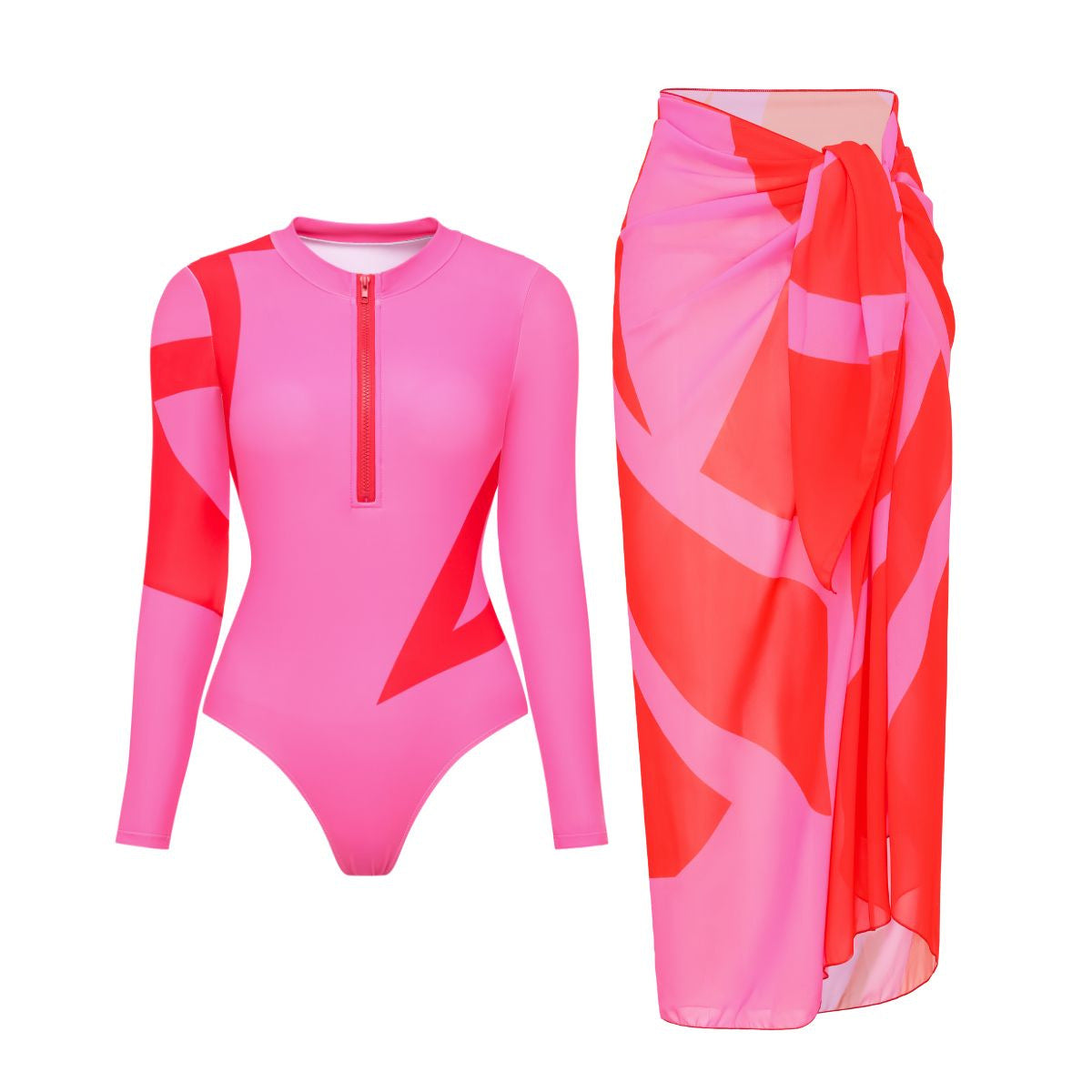 Zip-Up Full Sleeves Monokini with Sarong